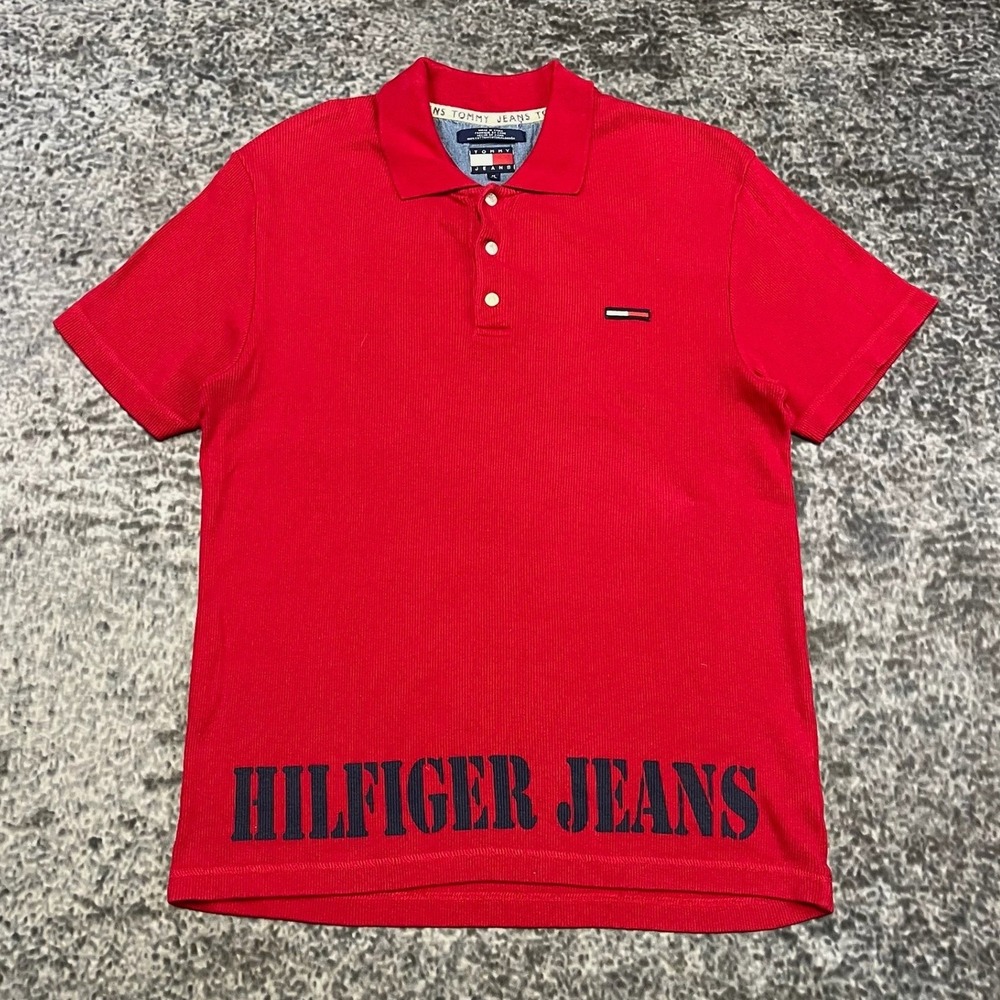 VTG Tommy Hilfiger Jeans Polo Shirt Mens Medium Red Rugby 90s Y2K